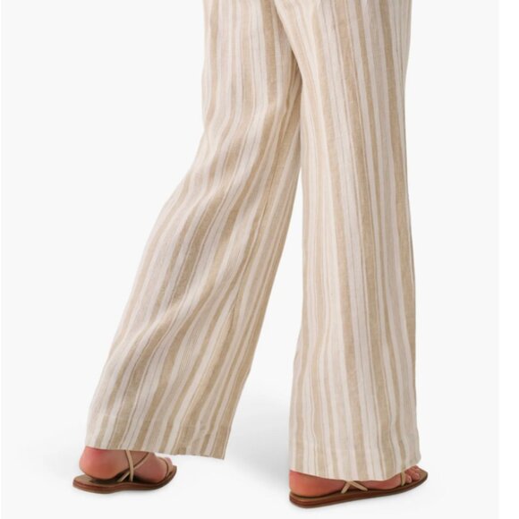 Faherty Monterey Linen Wide Leg Pants Tan Stripe Elastic Waist - M - Picture 2 of 9